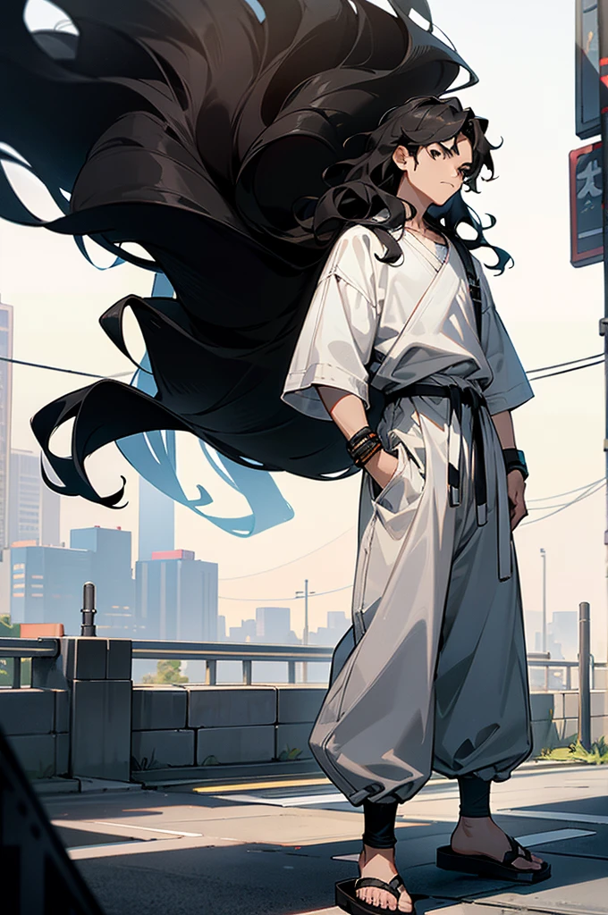 1male , Young Male , Wavy Hair , Black Hair , Black Eyes , Serious Expression , Black Wristbands , Baggy White Pants , Sandals , Black Baggy Shirt , Muscular, Modern City Background , Standing on sidewalk