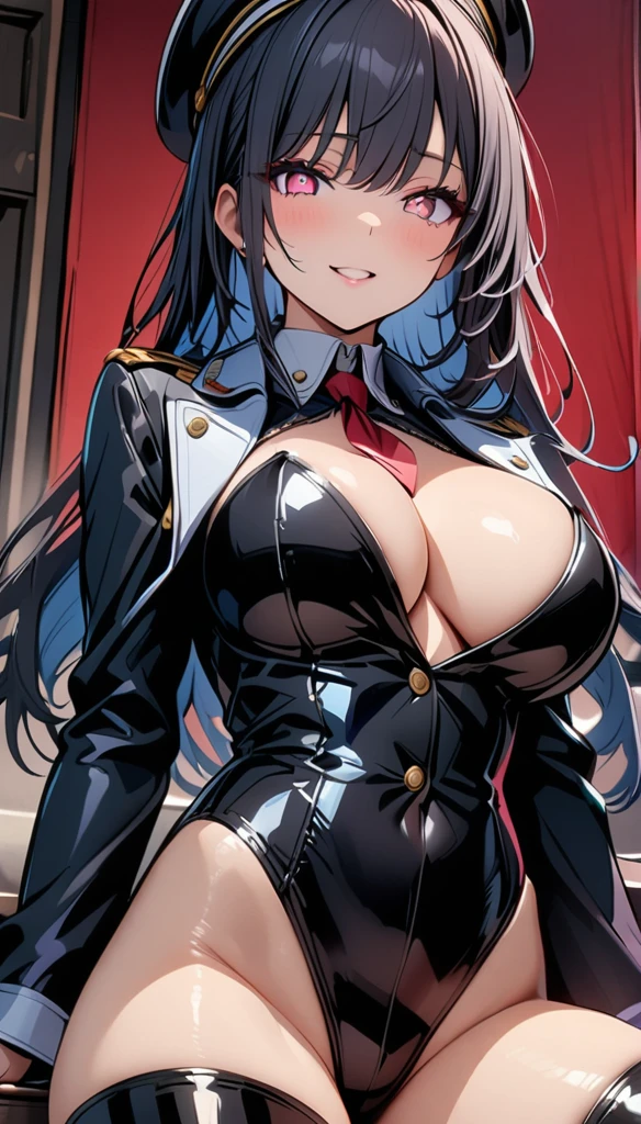 masterpiece, best quality, 1lady,black hair,long hair,glowing eyes, (finely detailed empty pupils and detailed face),,,,extremely detailed picture unity 8k wallpaper,solo,(latex military costume:0.9),large breasts,seductive smile,military hat,latex thighhigh,large breasts,black hair,pink eyes,black leotard,pantyhose,military coat,enamel suits,grossy lips,sitting,bust shot,sadistic smile,,heel