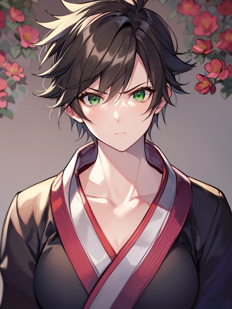 ((spiked hair)), ((tomboy)), ((short hair)), ((brown hair)), ((green eyes)), ((serious expression)), (shinobi clothing)), ((light skin)), ((flowers)), ((complementary colors)), ((mature female)), 1girl, beautifully drawn, high resolution illustration, best quality, High definition, ((detailed anime sketch)), Masterpiece, (solo), absurdres, portrait, ((upper body)), detailed background, fine detail, female focus, HDR,