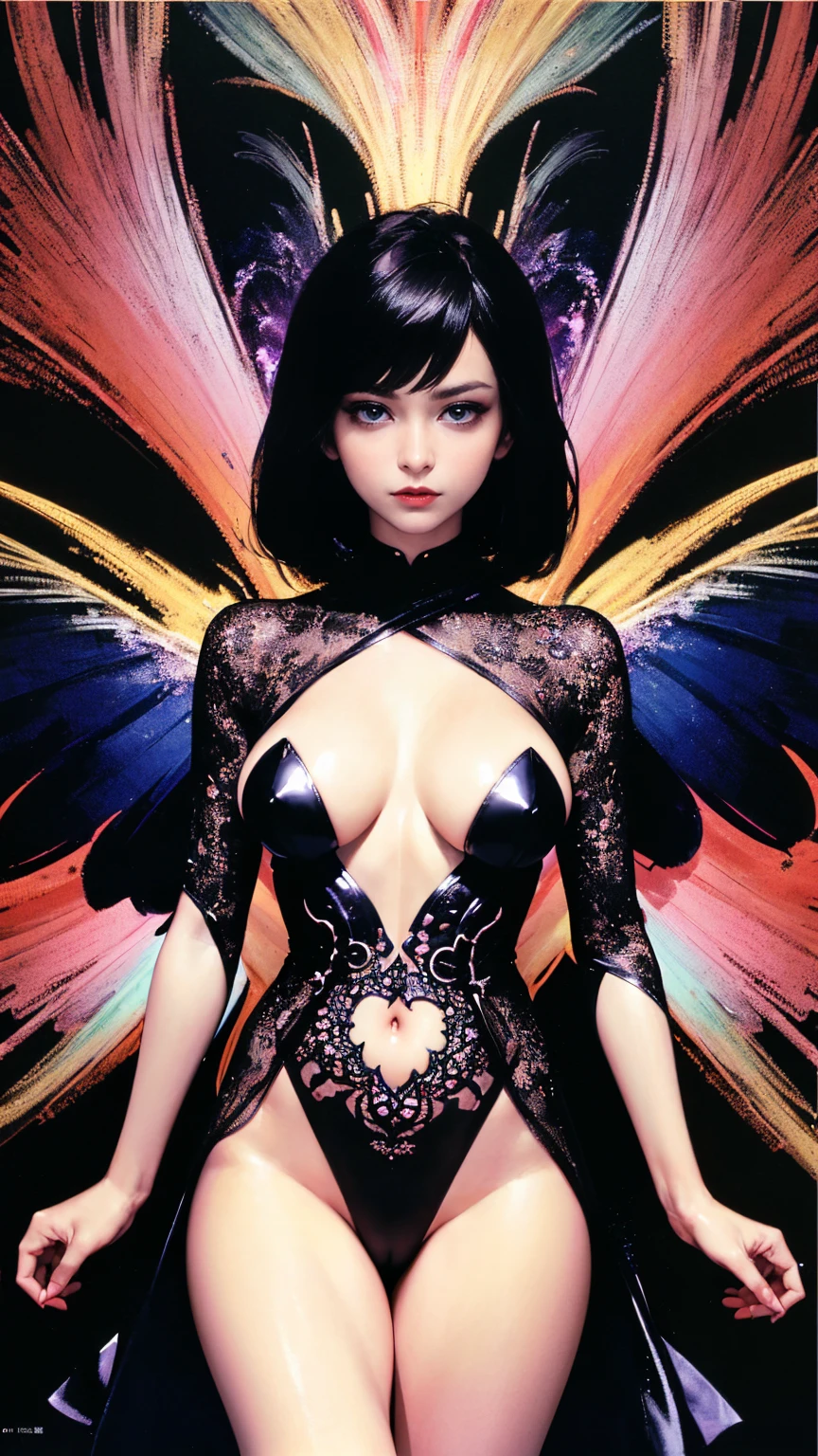 (((Official Art, unity 8k wallpaper, Very detailed, beautifully、aesthetic, masterpiece, highest quality))), (zenTangle, Mandala, Tangle, enTangle), ((Fractal Art:1.3)) , (((One perfect girl))), (Very detailedな裸), Dynamic Angle, Cowboy Shot, The most beautiful form of chaos, elegant, Brutal Designer, Bright colors, Romanticism, James Jean, Robbie Dowie Anton, Ross Tran, Francis Bacon, Michael Mraz, Petra Cortright, Gerhard Richter,Ashley Wood, Ecstasy,mysterious,glossy,wonderful,Almost naked,flashy,Colorful,Transparent blouse,rainbow,mysterious,((Mr.々Angle,Provocative look)),