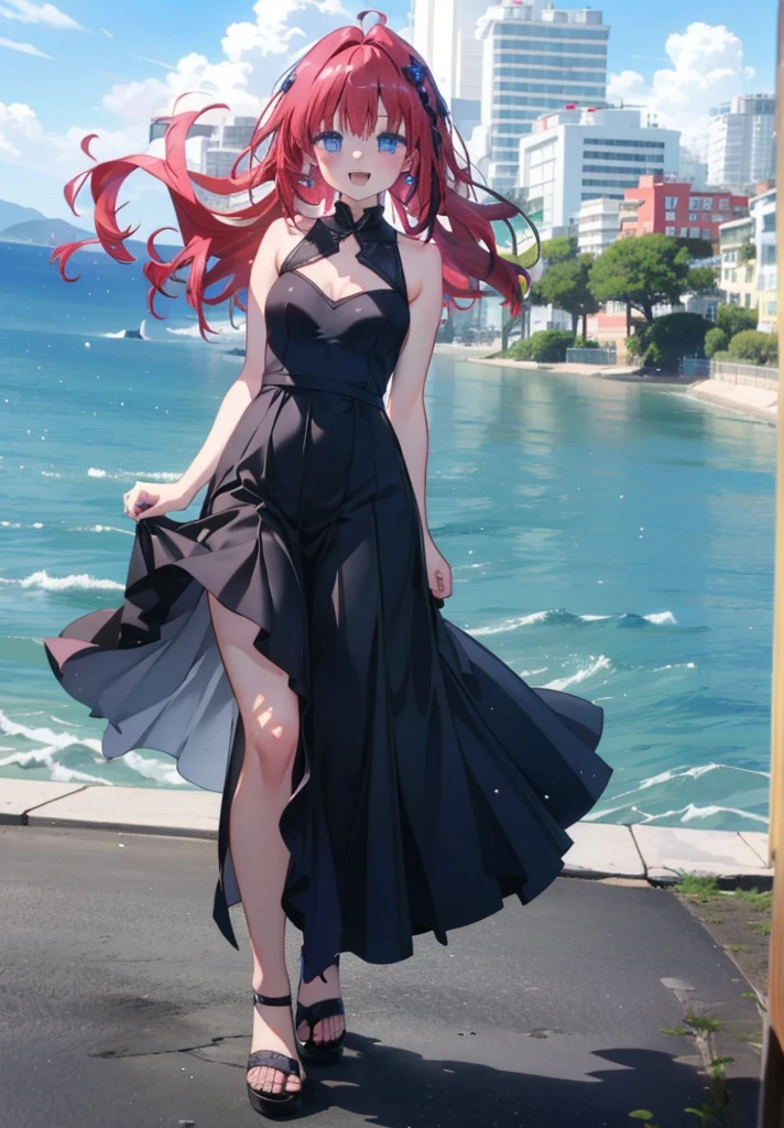 (masterpiece, Highest quality:1.2),shape,8K,High resolution,Say something happy smile, smile, Open your mouth,,Redhead,Long Hair,Purple eyes,1 Girl,sleeveless black dress,Bare arms,Black long skirt,Cute Sandals,walking,Daytime,Clear skies,
break looking at viewer,whole body,
break outdoors, Coastal Road,
break (masterpiece:1.2), Highest quality, High resolution, ユニティ 8K 壁紙, (shape:0.8), (Beautiful and beautiful eyes:1.6), Highly detailed face, Perfect lighting, Highly detailed CG, (Perfect hands, Perfect Anatomy),