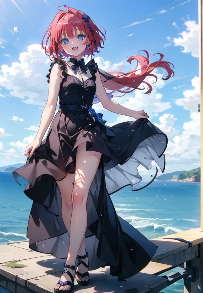 (masterpiece, Highest quality:1.2),shape,8K,High resolution,Say something happy smile, smile, Open your mouth,,Redhead,Long Hair,Purple eyes,1 Girl,sleeveless black dress,Bare arms,Black long skirt,Cute Sandals,walking,Daytime,Clear skies,
break looking at viewer,whole body,
break outdoors, Coastal Road,
break (masterpiece:1.2), Highest quality, High resolution, ユニティ 8K 壁紙, (shape:0.8), (Beautiful and beautiful eyes:1.6), Highly detailed face, Perfect lighting, Highly detailed CG, (Perfect hands, Perfect ???????),