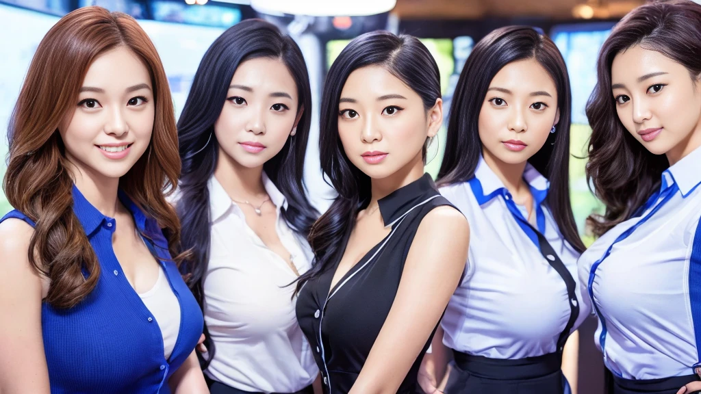 ((super high quality、High resolution、masterpiece、 Anatomically correct、Super detailed photos、Ultra-realistic photos、 Highest quality))、(3girls)、looking at viewer、studio lighting、(portrait))、(from front:1.2)、(big breast)、Small waist、Detailed face、Perfect figure、Three girls holding each other close、 ((Female announcer:1.2))、Television studio broadcasting the news、Cleavage、((news caster))、((sleeveless business shirt))、