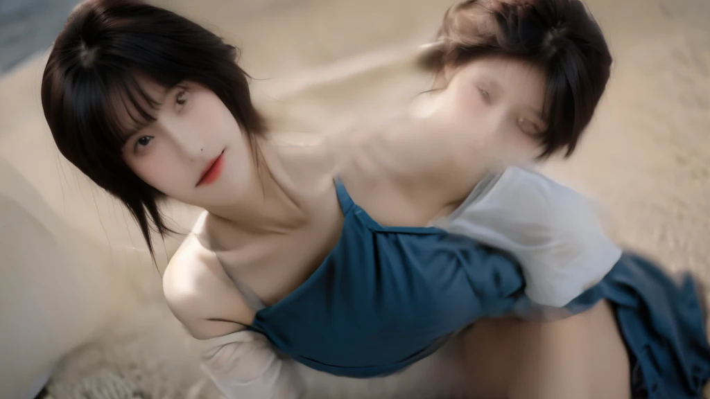Girls short skirts,Thin and light,summer,seaside,swimsuit,Kneeling on the ground,Shy expression,Delicate skin,Fait in shape,