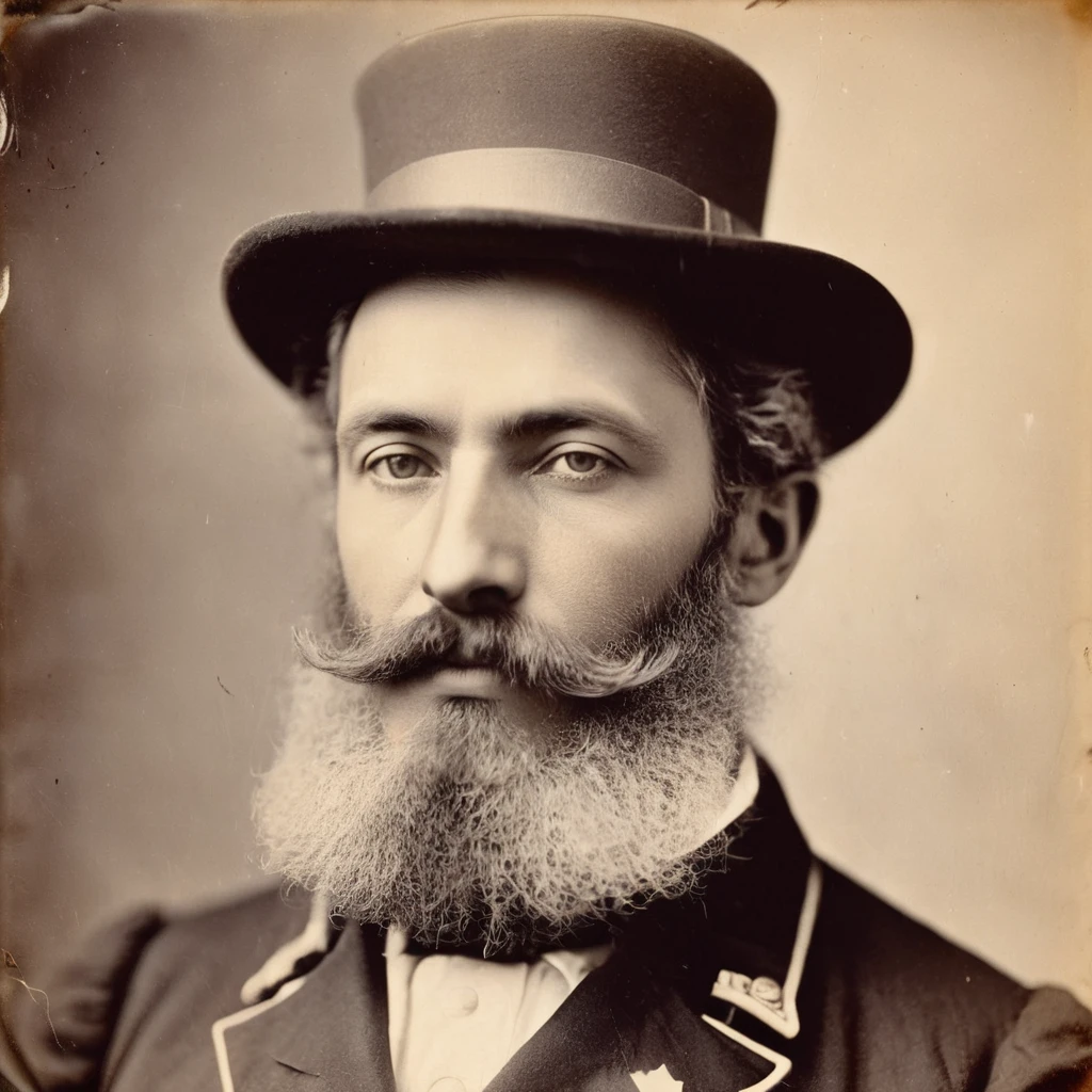 an old photo of a man with a beard and a hat, quirky 1 9 th century, author unknown, jules verne, 1 8 0 0 s soldier, taken in the late 1800s, 1 8 8 0 s style, taken in the mid-late 1800s, by Lubin Baugin, by Róbert Berény