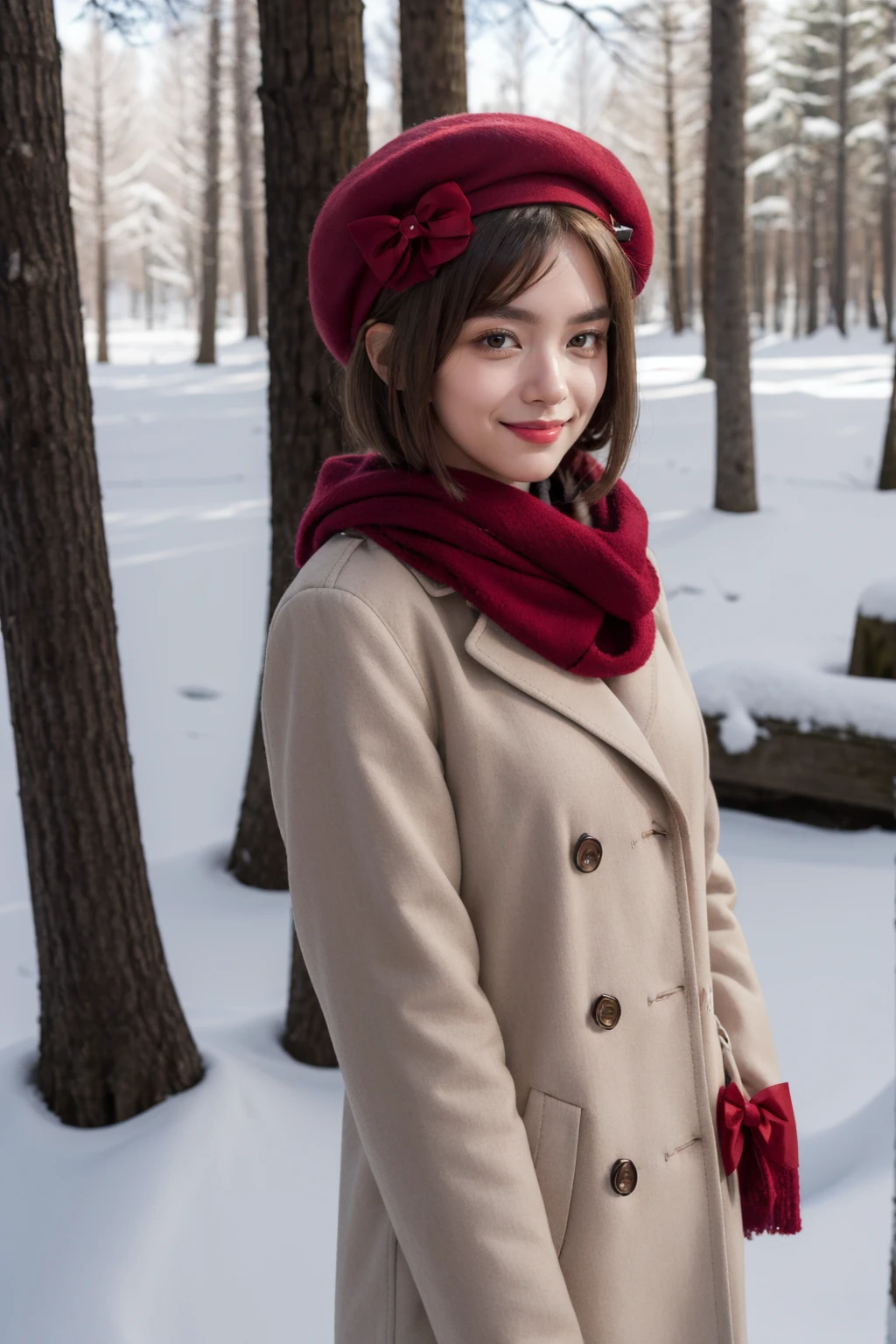 masterpiece, best quality, highres, aalamb, short hair, hair bow, red bow, beret, pink headwear, red eyes, winter clothes, scarf, snow, coat, upper body, smirk, forest