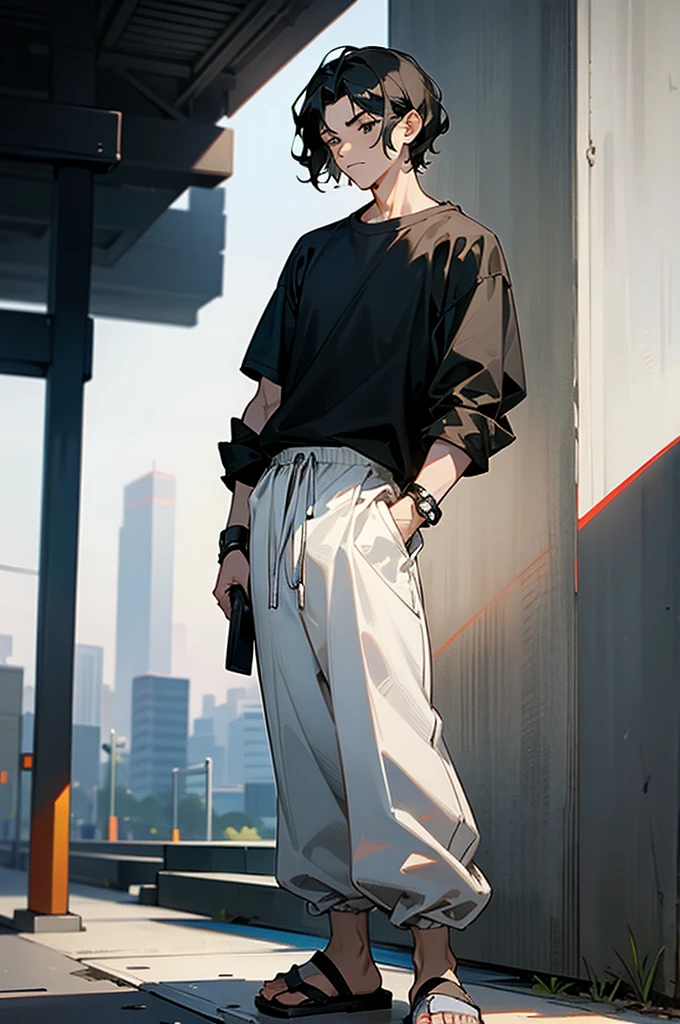 1male , Young Male , Short Wavy Hair , Black Hair , Black Eyes , Serious Expression , Black Wristbands , Baggy White Pants , Sandals , Black Baggy Shirt , Muscular, Modern City Background , Standing on sidewalk