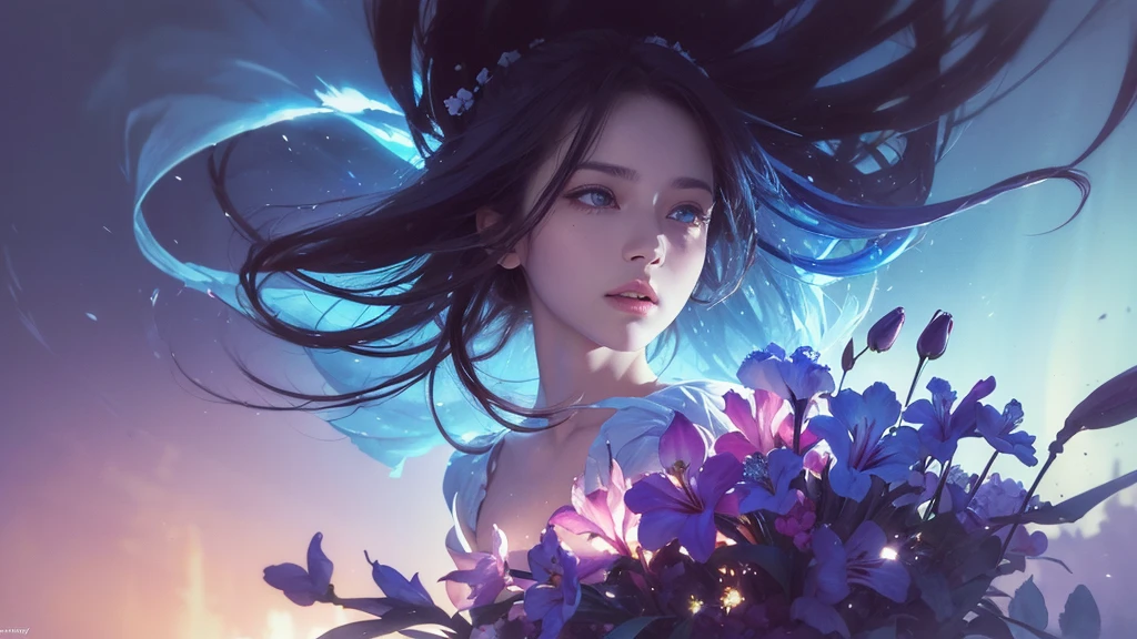 32k, Masterpiece, Highest quality, One girl, Detailed eyes, flower,gladiolus, Light blue and purple style,A dreamy, romantic piece,Pale red, Mysterious Leaves,A playful arrangement,Fantasy,High Contrast,Ink strokes,explosion,Exposure, Impression of light blue and purple tones,Abstract,((Watercolours by John Berkey and Jeremy Mann )) Brush strokes,Negative Space, Tyndall effect,