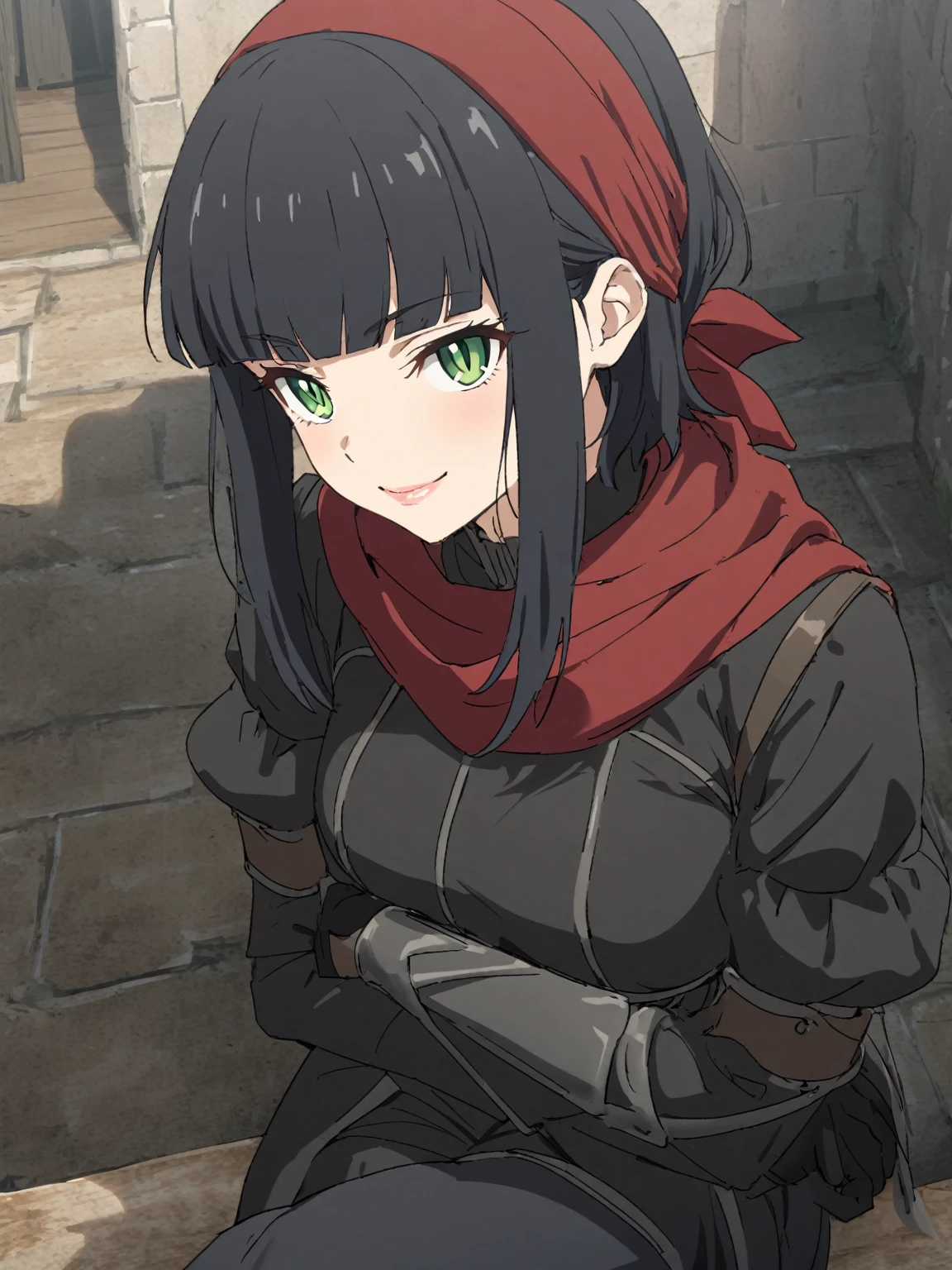 {{upper body}} {{Artist: sincos}} 1girl, black hair, green eyes, short hair, blunt bangs, red headband, black gloves, long sidelocks, sanpaku, sharp pupils, medium breasts, smile, black jacket, black ninja clothes, black jacket, black pants, long sleeves, puffy sleeves, red scarf, sitting, crossed legs, lips, adult woman, pov, medieval fantasy.