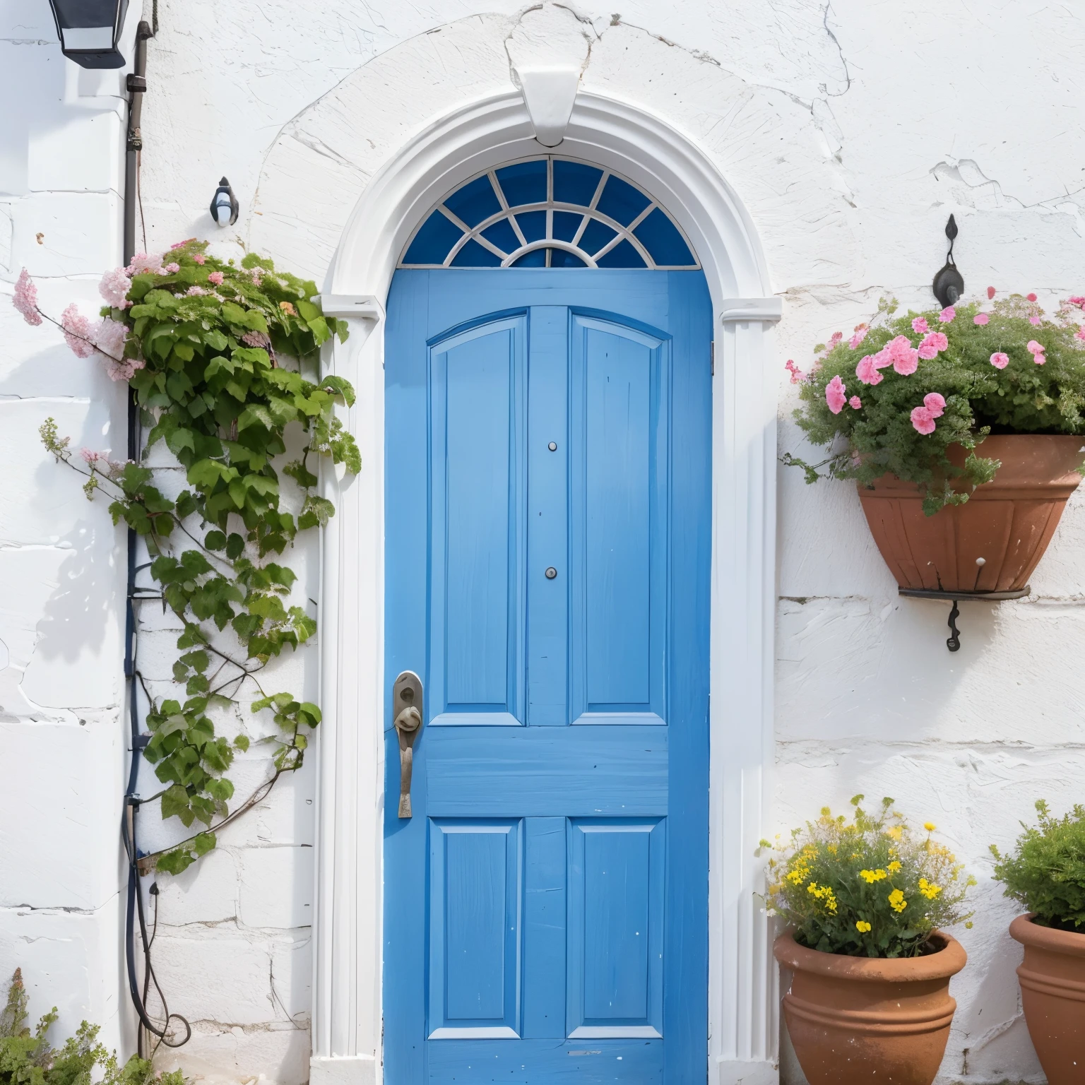 High-resolution photo of a blue door set on a white wall, with an arched, bright pink flowering tree with many small petals and a natural curve growing out of a clay pot next to the door. The bright colors of the flowers and doors are emphasized against a white background, giving it a beautiful and realistic style with sharp details.