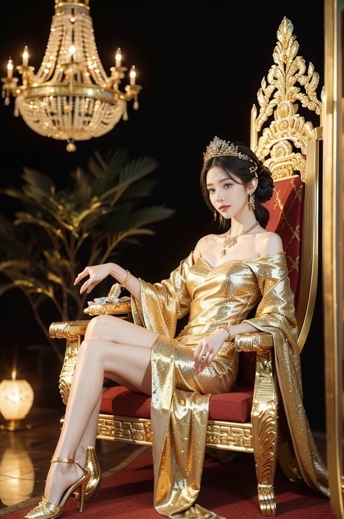 (((best quality))),(((ultra detailed))),(((masterpiece))),illustration,1 girl,solo,slim,thin,shoulder length straight bob hair,earrings,necklace,small breasts,flat chest,slender legs,high heels,Asian appearance,princess,royal,Chinese palace,night scene,magnificent dragon gown,golden crown,intricate embroidery,luxurious fabric,precious stones,(sitting on the metallic throne:1.3),decorative patterns,rich decorations,luxurious furnishings,regal charm,beautiful face,gentle smile,bright eyes,historical,traditional,city lights,modernity,frozen moment,beauty of the past,evolution of time,from front,full body,
