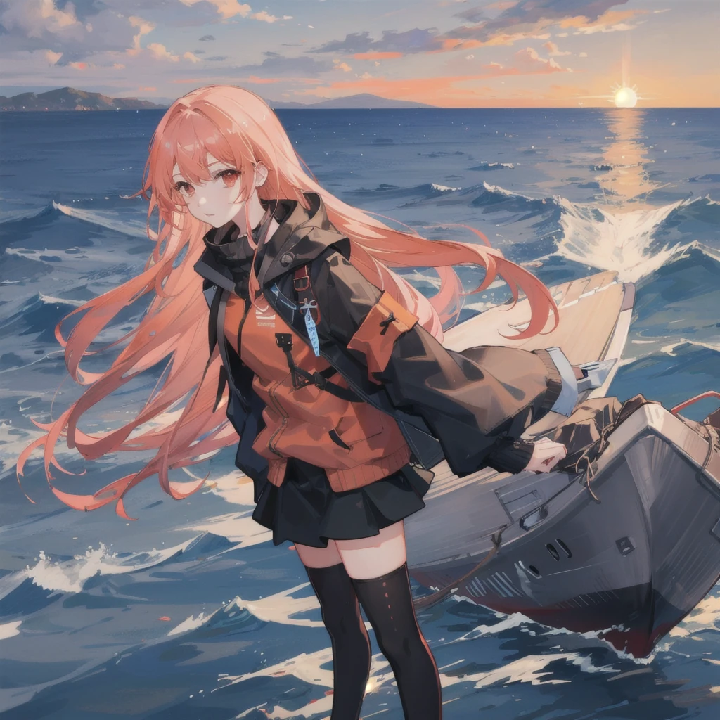 ocean, cloud, horizon, sunset, water, cloudy_sky, sky, thighhighs, 1girl, solo, cityscape, outdoors, red_eyes, twilight, gradient_sky, orange_sky, black_legwear, beach, long_hair, river, skirt, pier, shore, waves, mountainous_horizon, jacket, boat, watercraft, zettai_ryouiki