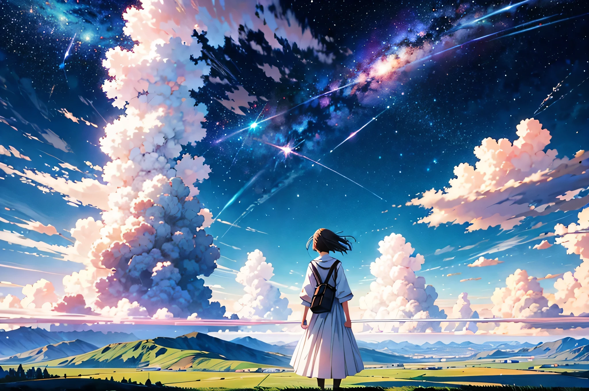 Absurd, High resolution, (Official Art, beautifully、aesthetic:1.2),One girl, (person in far distance), Bright Sky, A vast world, stare, Awe-inspiring expressions, Distant Horizon, cloud, High Hill, Natural Beauty, Inspiration, Night Sky, Shining Star