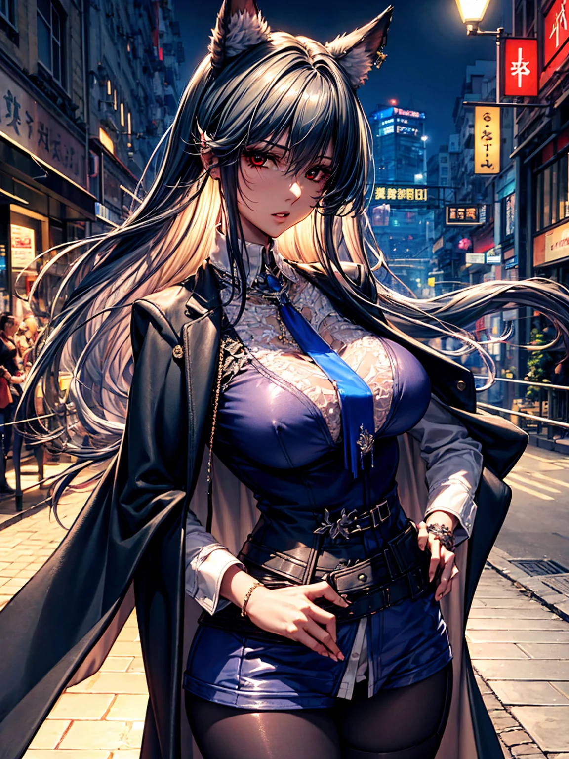 top-quality、tmasterpiece、Very high resolution、super high image quality、High-quality pixels)、perfect eyes, perfect face, perfect body figure,solo,8K, large breast,(Detailed description of hair), (Detailed description of face),(Detailed description of body), fair and clear skin, matchless beauty, long legged, dark grey hair details expressed, The details have been upgraded,opaque red eyeball color,model posture,dark grey fox ears,dark grey fox tail,Braless, pigsney, Looking at Viewer, arms behind back , put hands on the hip, (Perfect hands), puffies , Female pubic hair, see-through legwear, shirt, shirts lift, Earring, shiny eyes, long black open coat, Open jacket, Blue tie,long stocking, on Hongkong street,Cityscape,Night, symmetric outfit