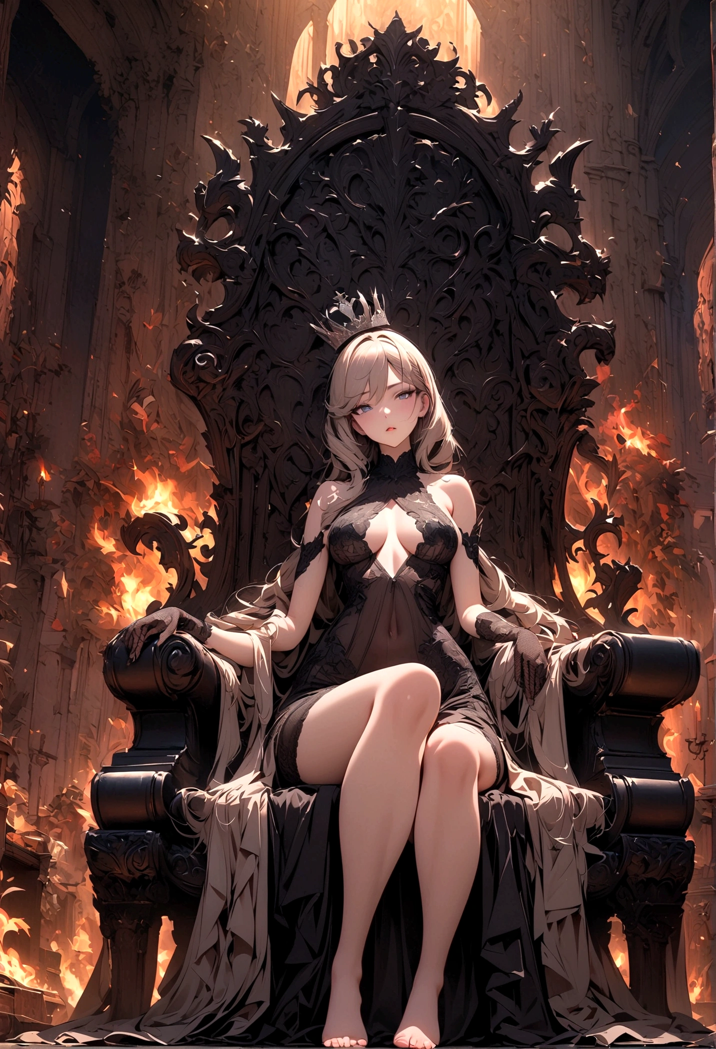 ((Masterpiece, top quality, high resolution)), ((highly detailed CG unified 8K wallpaper)), (huge stunning goddess shot, very hot and sexy, jaw-dropping beauty, perfect proportions, beautiful body, slim body beauty:1.1), A young queen sitting on the Iron Throne, An iron throne surrounded by flames, beautiful face showing hard will, braided silver hair, black crown on her head, black dress, cross-legged, bare shoulders, lace gloves, bare feet, particles of majestic light in the air, a scene from a movie, a stately atmosphere, View from below,