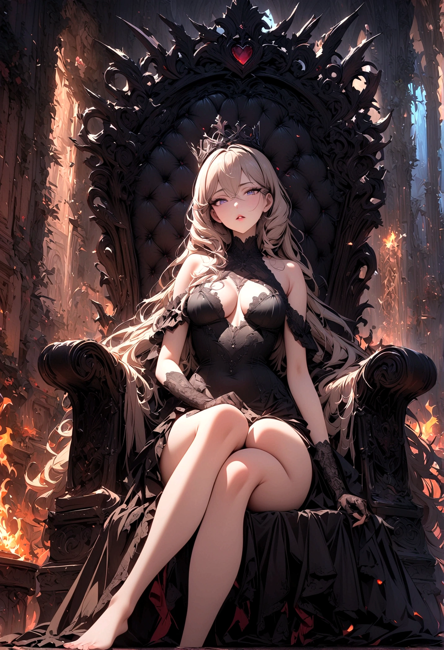 ((Masterpiece, top quality, high resolution)), ((highly detailed CG unified 8K wallpaper)), (huge stunning goddess shot, very hot and sexy, jaw-dropping beauty, perfect proportions, beautiful body, slim body beauty:1.1), A young queen sitting on the Iron Throne, An iron throne surrounded by flames, beautiful face showing hard will, braided silver hair, black crown on her head, black dress, cross-legged, bare shoulders, lace gloves, bare feet, particles of majestic light in the air, a scene from a movie, a stately atmosphere, View from below,