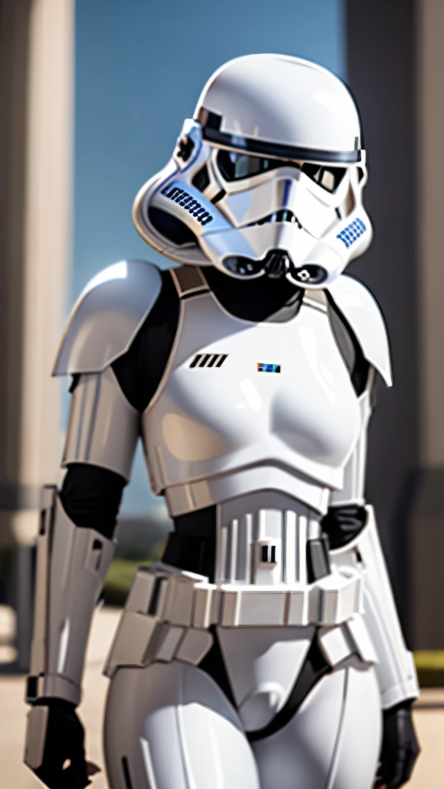 wearing shiny stormtrooper armor, a Star Wars imperial agent, wearing stormtrooper armor, imperial Star Wars style, storm trooper, stormtrooper, trooper, female stormtrooper, slender waist, medium breasts, wide hips, thigh gap, stormtroopers, Star Wars character