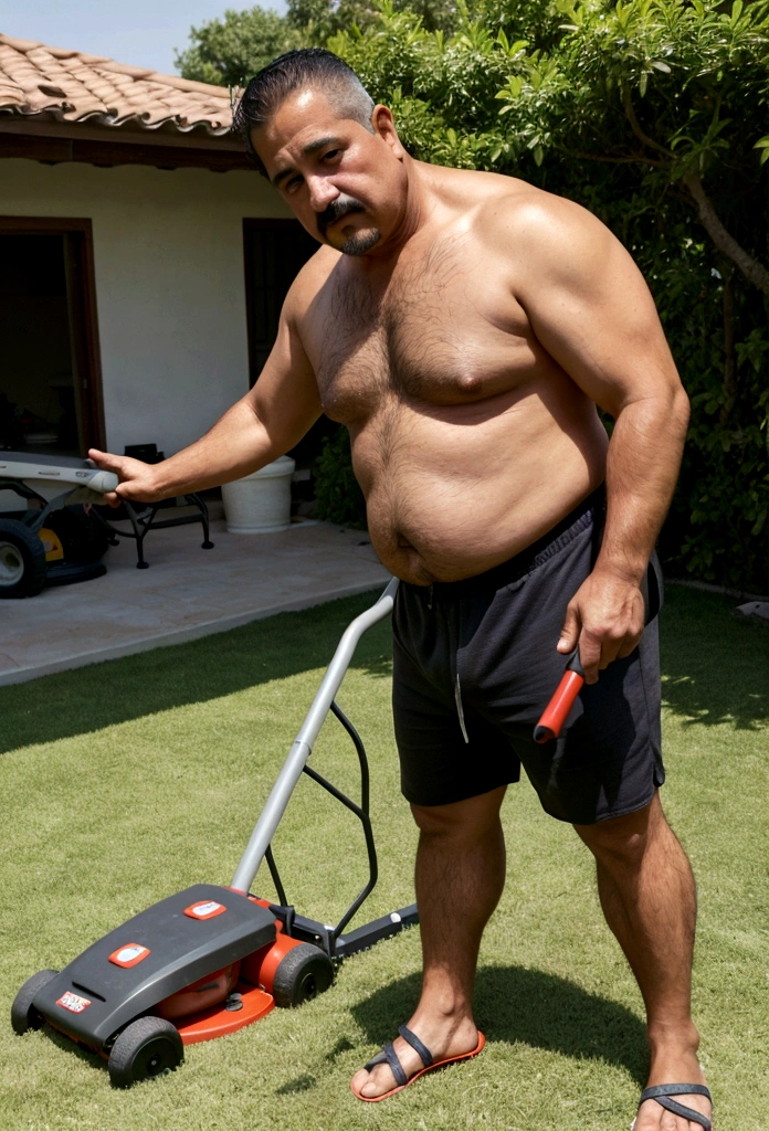 a shirtless middle-aged mexican man, hairy chest, chubby dad bod, mowing the lawn with a lawn mower, wearing gym shorts with short inseam and sandles, buzz cut, sweaty, wiping sweat off brow, facial hair