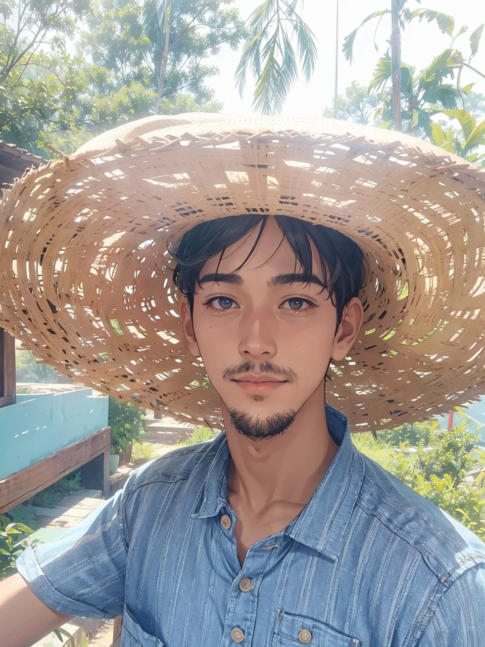 Village asian boy with a straw hat fair face and without beard. Beautiful landscapes, blue sky scenery. Shirt colour brown