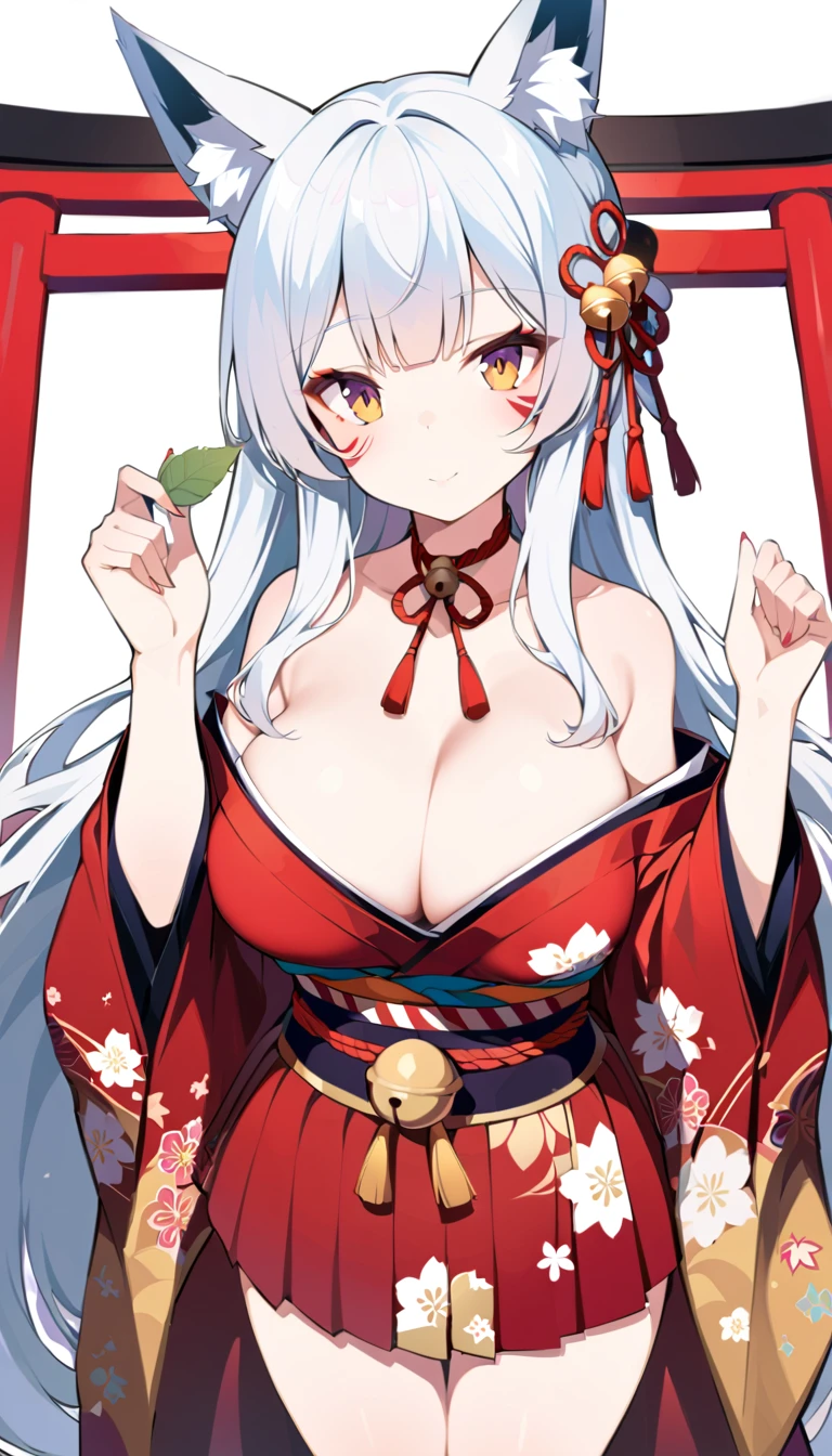 a anime girl posing in a kimono and holding a catnip leaf, 1girl, tail, animal ears, fox ears, fox tail, breasts, long hair, white hair, torii, solo, japanese clothes, cleavage, wide sleeves, looking at viewer, fox girl, bangs, bell, off shoulder, facial mark, rope, kimono, ribbon trim, bare shoulders, animal ear fluff