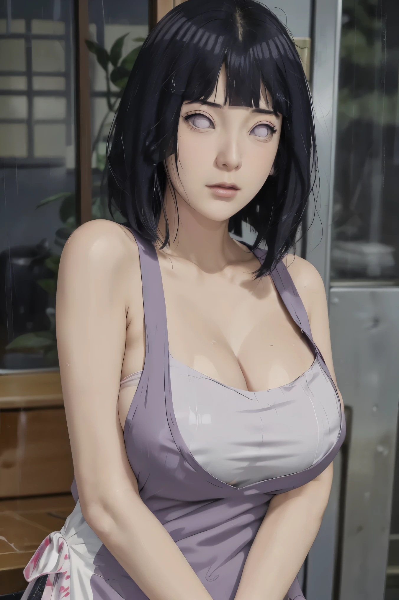 Made, absurderes, Hinata\(Boruto\), 1girll, Solo,Mature female, view the viewer,Perfectcomposition, Detailed lips, big breast, Beautiful face, body propotion, Blush, Long hair, Purple eyes, Soft Gaze, Sticky Liquid In the mouth, Sticky Liquid in the Breast, Super realistic, Detailed, photoshoot, Realistick faces and bodies,(perspire,Sweat a lot,Blushlush,Be red in the face,Blushlush),(Bigboobs),Outdoors,Stand at the door of the phone booth,natta,raining day, ((apron)), ((cleavage)), sideboob