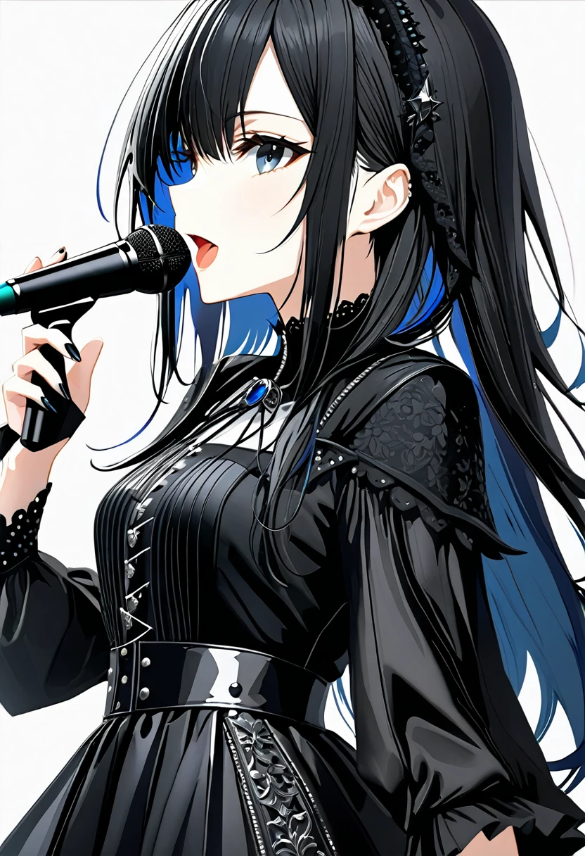 (((White background:1.2)))、(masterpiece、Ultra HD、high quality、4K)、(Scandinavian gothic metal girl holding a microphone and singing with her mouth open), (((very wide shot:1.2))),Highly detailed eyes, Detailed hand and fingers、Long black hair、Black Gothic Dress、Stylish outfit,Shorts、Dynamic pose、Dynamic、(profile)、(Grab the microphone)、smile,