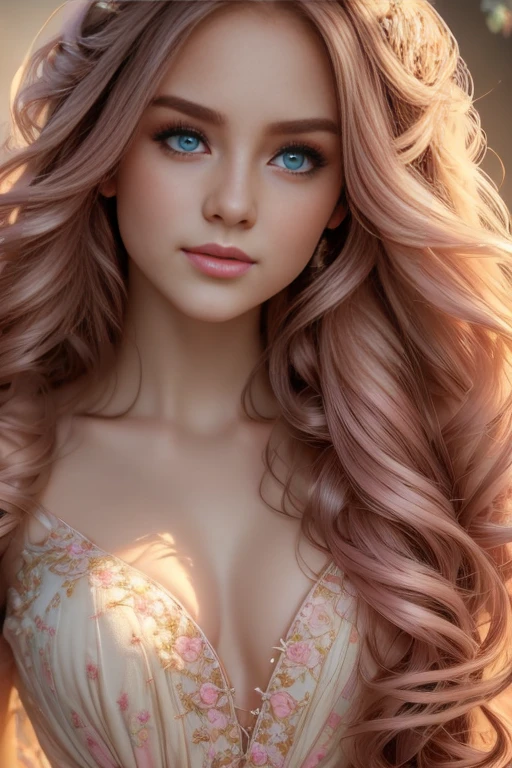 a girly girl, cute girl, 1girl, beautiful detailed eyes, beautiful detailed lips, extremely detailed eyes and face, long eyelashes, long flowing hair, adorable, pink dress, floral patterns, petals, fairy tale, fantasy, ethereal, glowing, golden hour lighting, soft lighting, pastel color palette, dreamy, whimsical, elegant, highly detailed, masterpiece, photorealistic