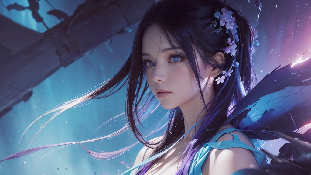 32k, Masterpiece, Highest quality, One girl, Detailed eyes, flower,gladiolus, Light blue and purple style,A dreamy, romantic piece,Pale red, Mysterious Leaves,A playful arrangement,Fantasy,High Contrast,Ink strokes,explosion,Exposure, Impression of light blue and purple tones,Abstract,((Watercolours by John Berkey and Jeremy Mann )) Brush strokes,Negative Space, Tyndall effect,