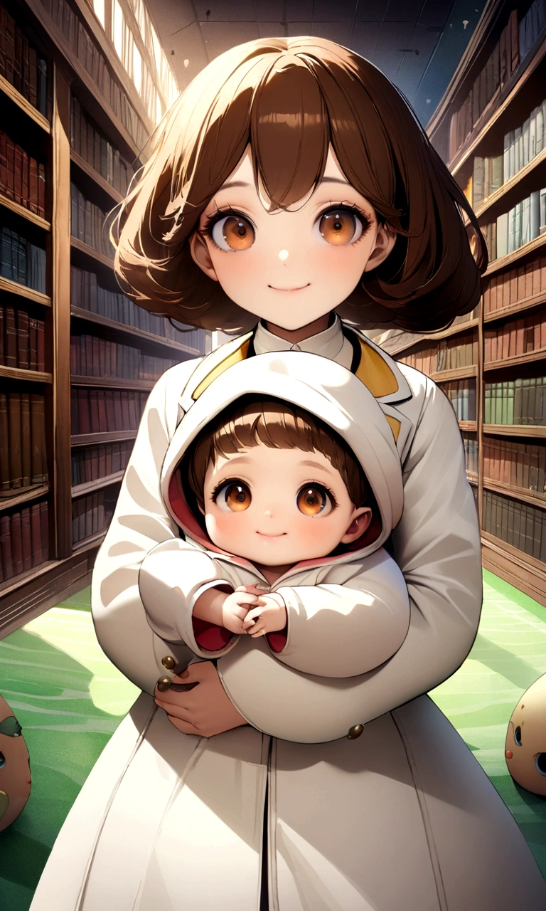 "Digital Art、Ultra HD、4K、Baby historian in a white coat、5 year old、Surreal、Library、Brown Hair、smile"