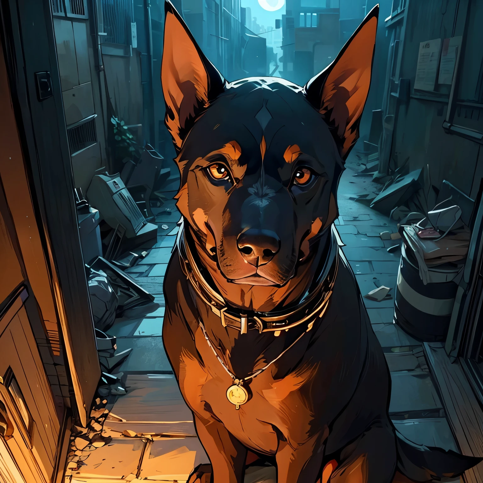 (((No humans)))、dog１Animals、Ruined City、最高品質のdog、Detailed hair、Mr.々Angle、The perfect doberman、Detailed Background、Top quality backgrounds、14k、完璧なdog、野良dog、Dull colors、Faint lighting、night、Looking at the camera、Sharp Eye、Shining Eyes