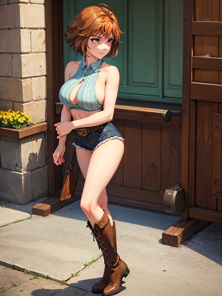 cowboy boots, toned legs, western girl, merula, full body, thighs, solo girl, medium tits