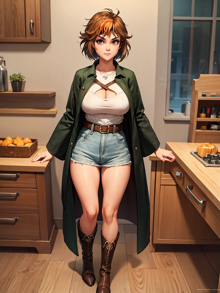 merula, full body, thighs, boots high heels, solo girl, medium tits, military camouflage mini skirt, belly, nude tits