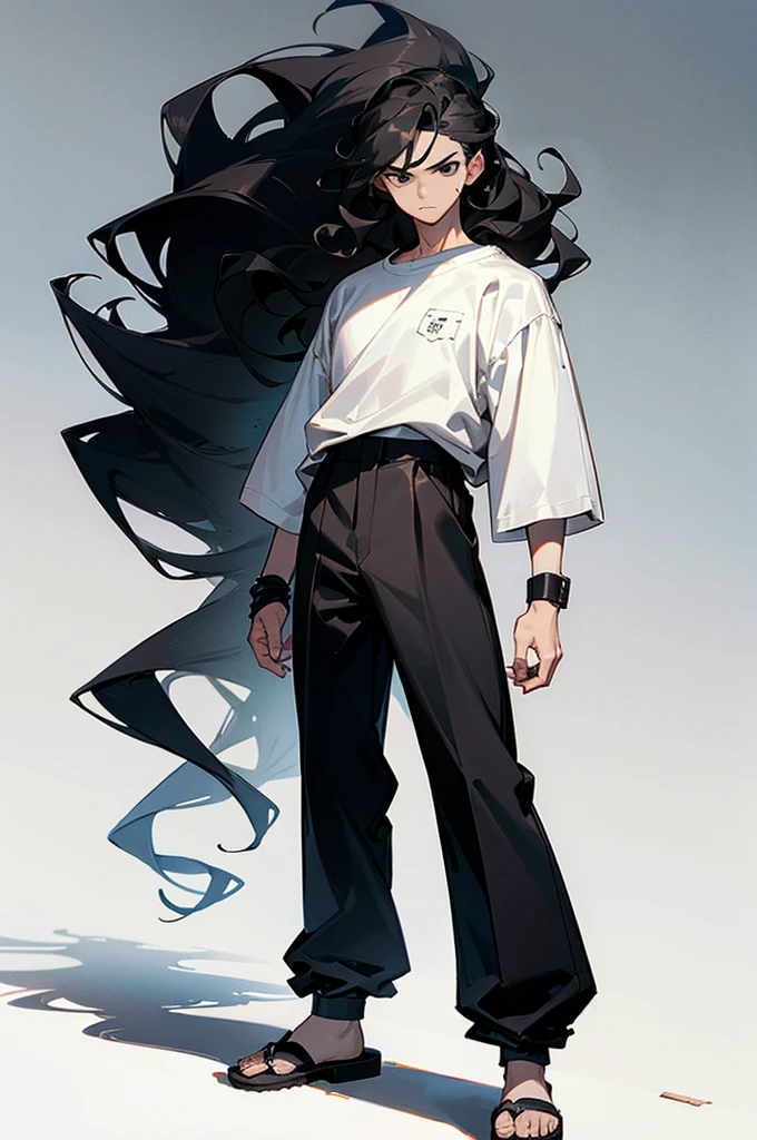 1male , Young Male ,  Wavy Hair , Black Hair , Black Eyes , Serious Expression , Black Wristbands , Baggy White Pants , Sandals , Black Baggy Shirt , Muscular, Modern City Background , Standing on sidewalk , Perfect Generation