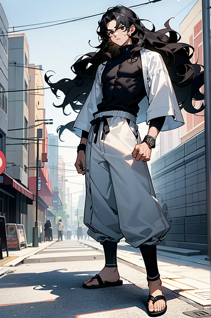 1male , Young Male ,  Wavy Hair , Black Hair , Black Eyes , Serious Expression , Black Wristbands , Baggy White Pants , Sandals , Black Baggy Shirt , Muscular, Modern City Background , Standing on sidewalk , Perfect Generation