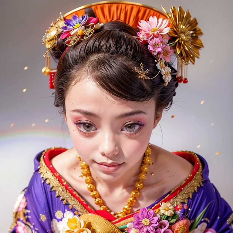 (PUNIPUNI clavicle KIMONO ((offshoulder)) KANZASHI FlowerHairpins Topknot TwinBun Oiran-Hair)High-level, 8K Masterpiece TopQuality, Ultra-detailed CG, Absurd detailed wallpaper, PerfectLighting, Extremely detailed (((Personifying " OIRAN " as a KAWAII Girl))), Characteristic Items, aesthetic LifeLike Rendering, MysticSight, Haze Tyndall Scattering, (Studio GRAY Background with (Oodles Dazzling Iridescent 🌈Particles (BokeH))), (((Assfocus)) RoundlyButt) ThighGap, (Exposed:0.44) 🔞 BREAK (Acutance:0.8), (NOGIZAKA FaceVariations) Extremely Detailed very KAWAII FaceVariations, Childish CaptivatingGaze ElaboratePupils ParfectEyes with (SparklingHighlights:1.28), (Voluminous LongEyelashes:0.88), 💄💋✨ GlossyRedLips with BeautifulDetails, CoquettishTongue, PUNIPUNI RosyCheeks, Radiant PearlSkin with Transparency, Glowing DowneyHair . { (Dynamic LifeLike expressions:1.4) | (:d) }, (large eyes:-1) .