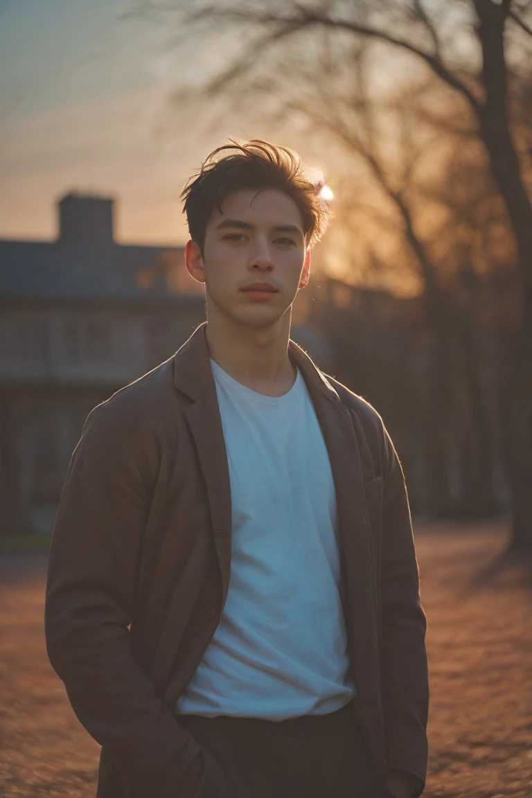 Portrait of handsome man, front,Small,Shooting with a Leica, Shadow Play, Gorgeous lighting, Subtle pastel colors, Outdoor ,alone