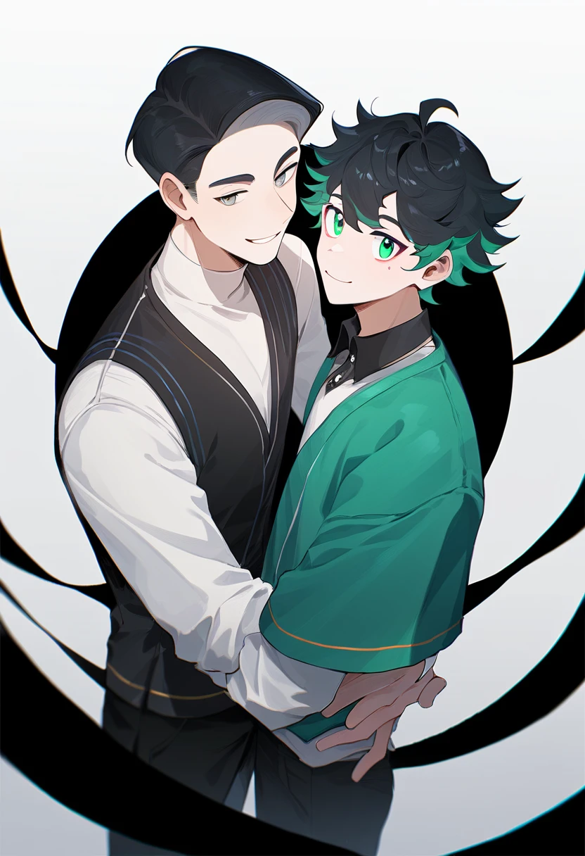 2 young men, focus man, many boys, Yaoi, pair, portable princess, bear, shirt, trousers, look elsewhere, smile, short hair, black hair, green eyes, black circle hair, gray eyes , The best aesthetics ในอาคาร, best quality, Amazing quality, The best aesthetics, nonsense
