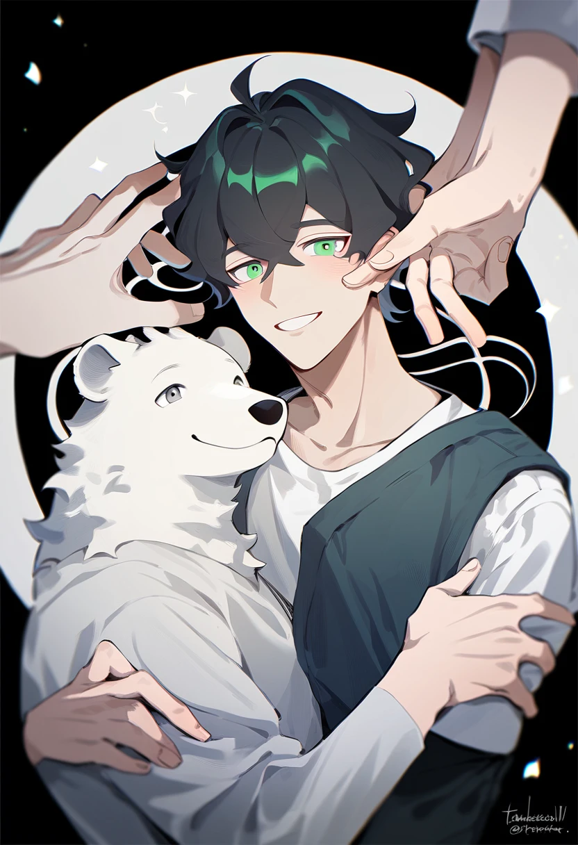 2 young men, focus man, many boys, Yaoi, pair, portable princess, bear, shirt, trousers, look elsewhere, smile, short hair, black hair, green eyes, black circle hair, gray eyes , The best aesthetics ในอาคาร, best quality, Amazing quality, The best aesthetics, nonsense