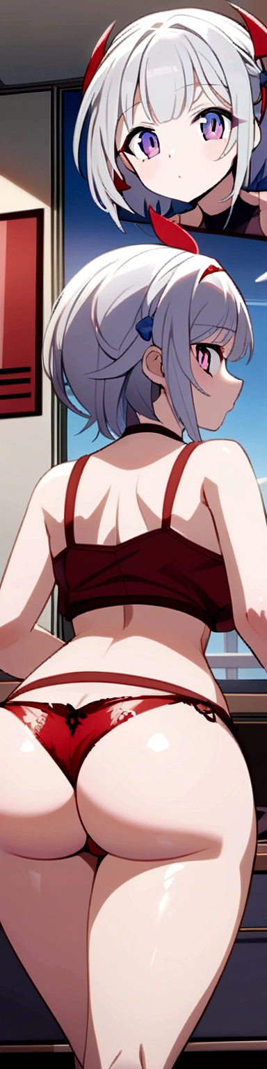 Sexy anime girl, white hair, red ribbon head ornament, red tank top, red panties, from behind, looking at viewer