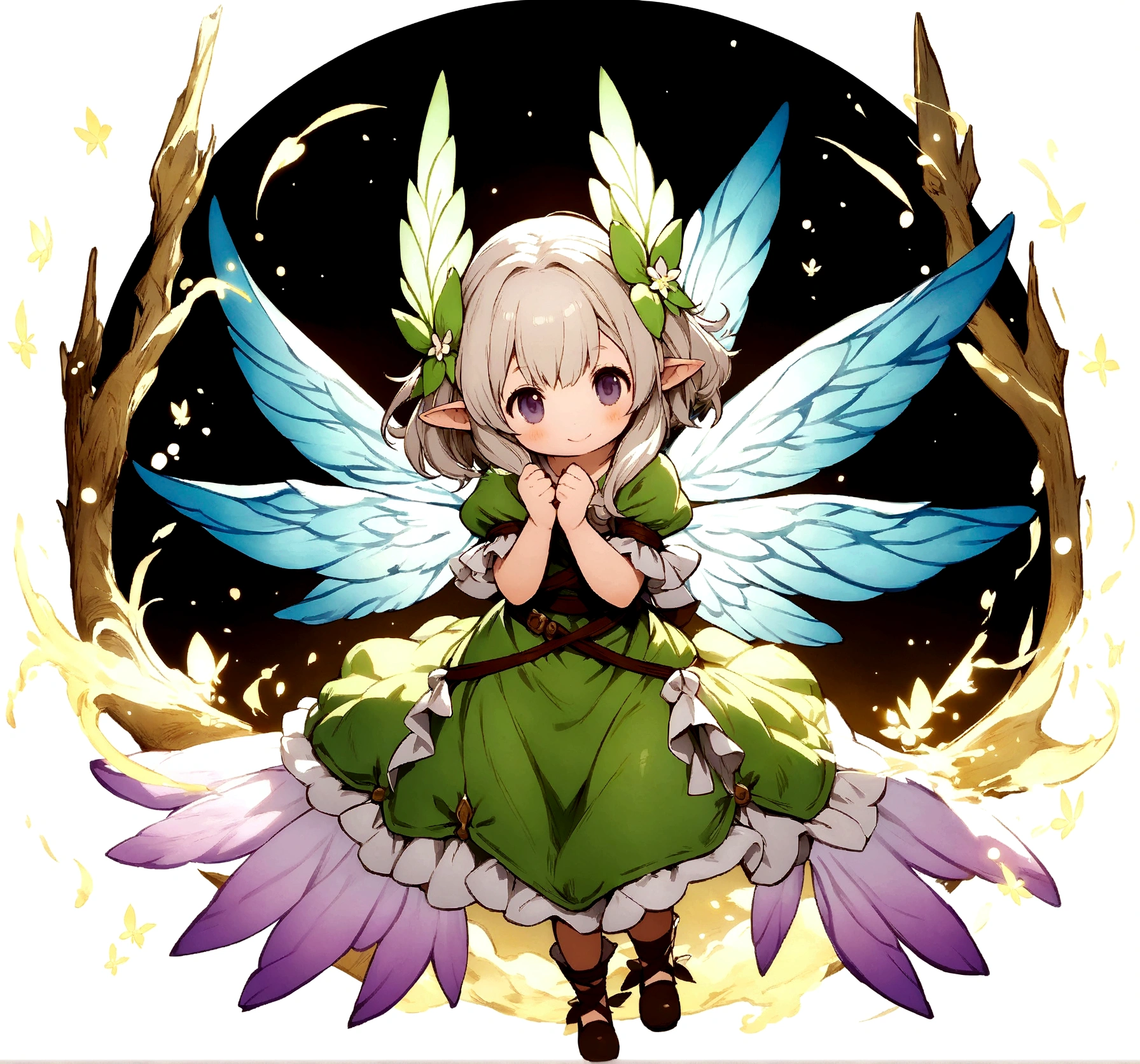 anime - style image of a woman dressed in a green dress with wings, lalafell, official art, character art of maple story, smiling as a queen of fairies, forest fairy, official artwork, astral fairy, splash art anime loli, faerie, official character art, pixie character, anime visual of a cute girl, elf girl, forest fae, hands tied up
