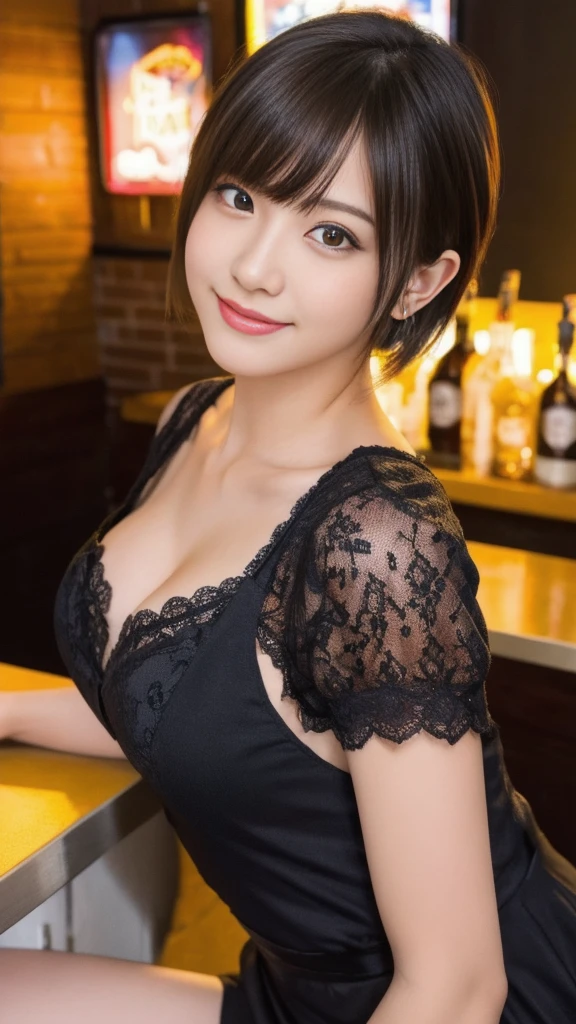 1 ultra super cute japanese girl, 20-year-old, short hair, part-time job at a bar, wear a lace nightgown, detailed face, highly detailed eyes, incredibly beautiful eyes, symmetrical eyes, natural makeup, smile, open your mouth, sexual climax, ecstasy, best quality, 4k, 8k, highres, masterpiece, ultra-detailed, realistic, photorealistic, photo-realistic, HDR, UHD, studio lighting, ultra-fine painting, sharp focus, physically-based rendering, extreme detail description, professional, vivid colors, bokeh