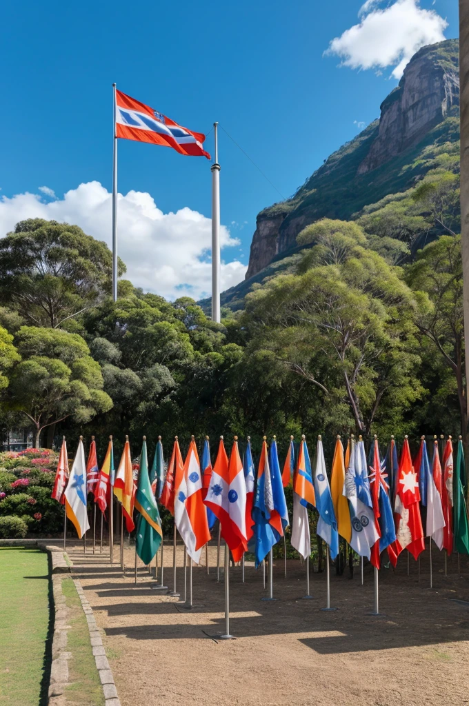 India, Australia,USA, Sweden, Switzerland,Canada,Italy,Japan,spain, Brazil, all countries flag with standing with pole and separately hosting in one photo with leader also present in this photo with blank space