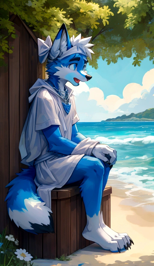 teenanger,solo,freshmen,young people,white hair, nipples，fox, blue eyes, masterpiece, bright blue fur, clean face, (blue necklace), thick eyebrows, detailed eyes, anthro, claw, (white headband),white hands,white feet,white cape，outdoor,open mouth,side view,wrist guard,seaside,white loincloth，trees,full body,sit