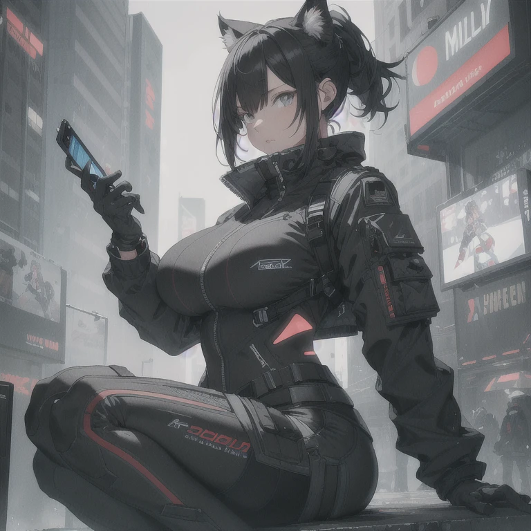 Absurd resolution, high resolution, (masterpiece: 1.4), hyper-detail, solo, 1 kemono feline cat woman, black hair, extremely large bust, huge breasts, fullbody covering pilot utility suit, padded high collar techwear jacket, fitted utility pants, near future scifi, cyberpunk asethetic, anime aesthetic