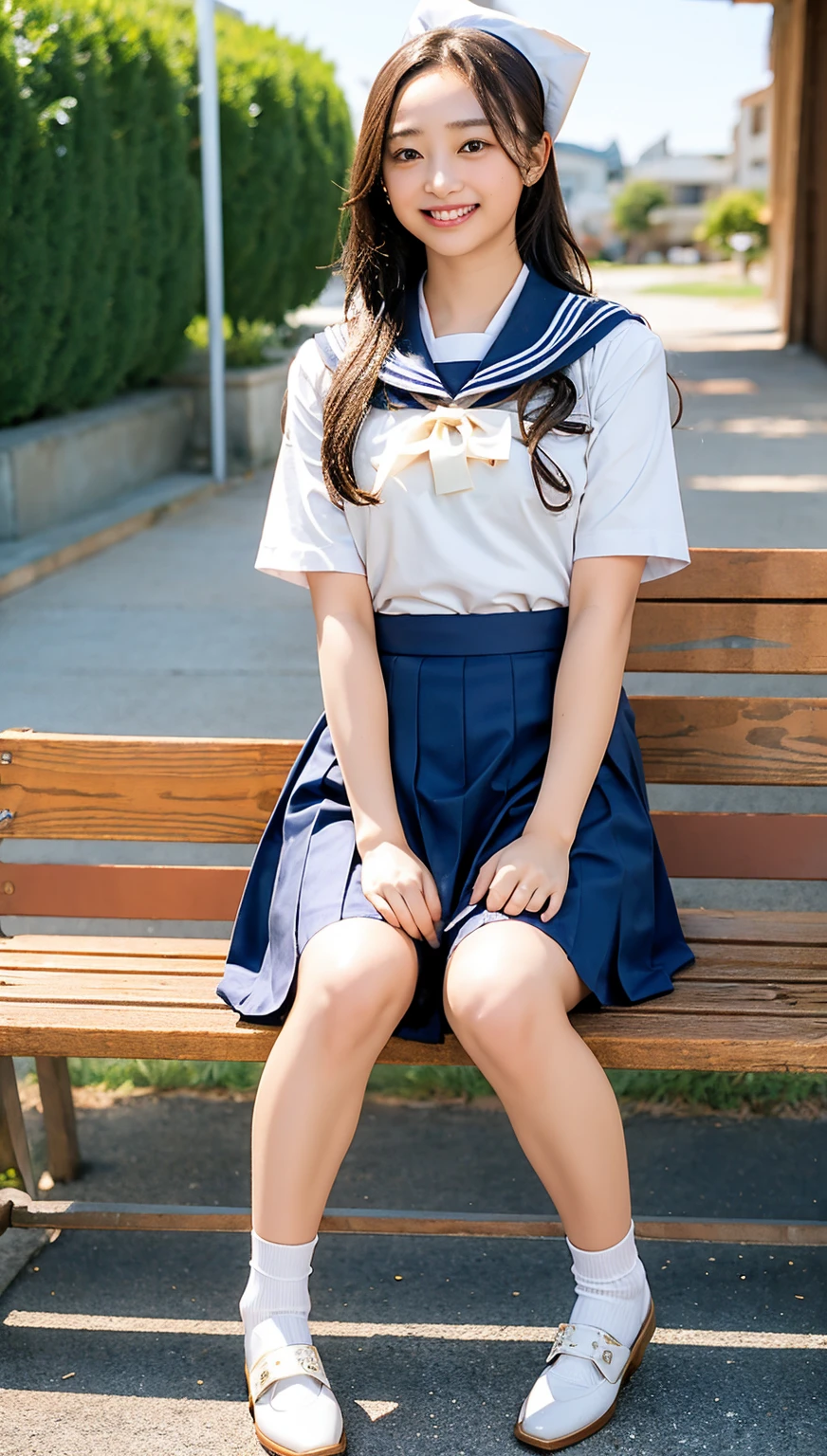 (((cowboy shot))),Ultra-high resolution,big eyes,(brown eyes),Japanese,(forehead),(a girl),(1 girl),(()),(cute),pretty,((facing at viewer)),grin,(((white school sailor uniform))),pleated skirt,(sitting),(thick thighs)