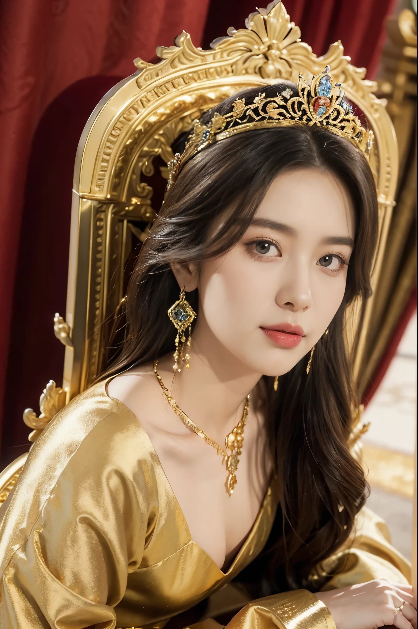 (((best quality))),(((ultra detailed))),(((masterpiece))),illustration,1 girl,solo,slim,thin,shoulder length straight bob hair,earrings,necklace,small breasts,flat chest,Asian appearance,princess,royal,Chinese palace,night scene,magnificent dragon gown,golden crown,intricate embroidery,luxurious fabric,precious stones,(sitting on the metallic throne:1.3),decorative patterns,rich decorations,luxurious furnishings,regal charm,beautiful face,gentle smile,bright eyes,historical,traditional,city lights,modernity,frozen moment,beauty of the past,evolution of time,from front,upper body,
