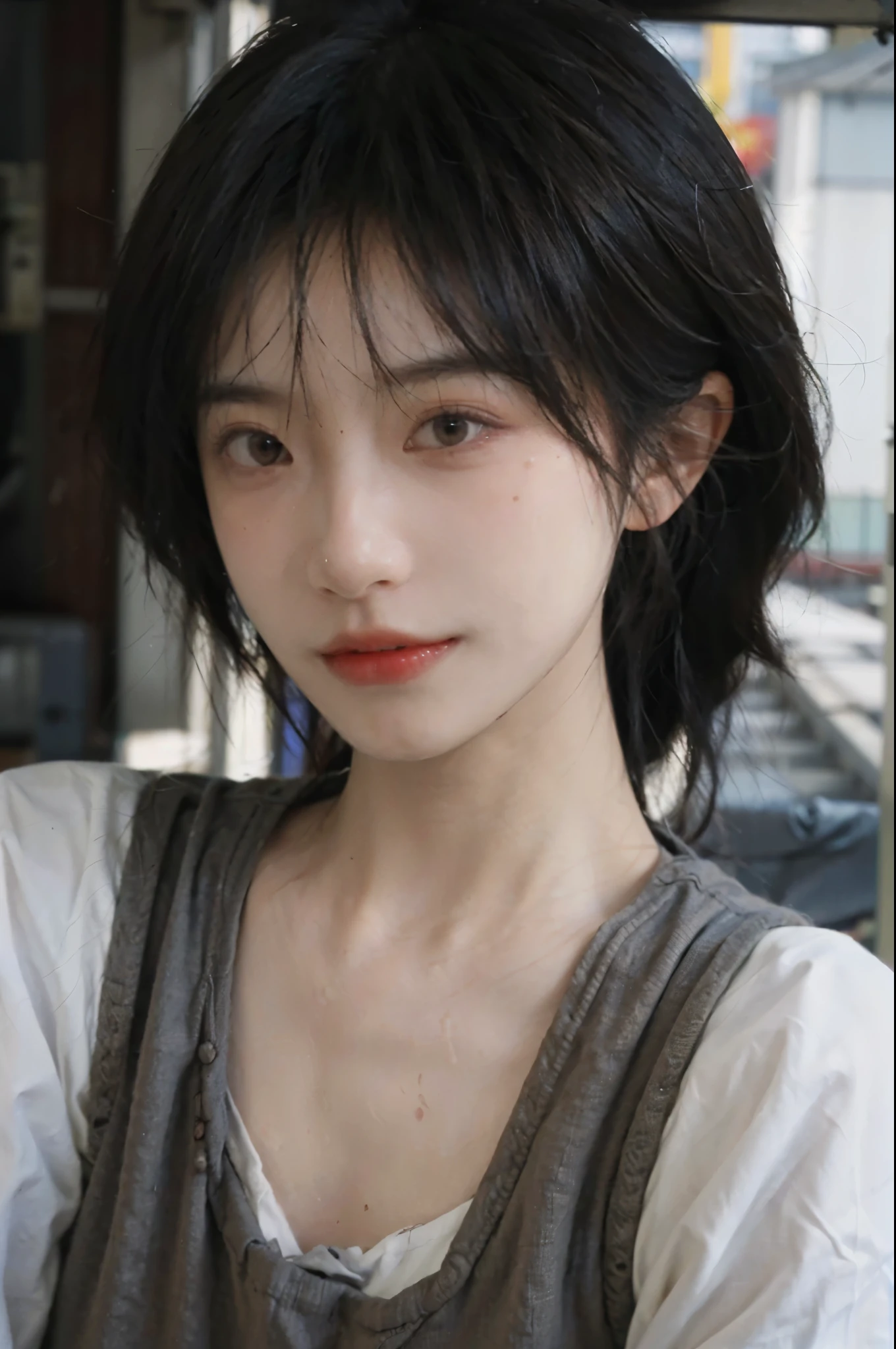 (Skin details:1.4), (smooth skin textures:1.3), Lipstick, background,海滩background， Direct vision, earrings, serene, calm, (Realistic and detailed eyes：1.2）, Natural skin texture, Realistic facial details, Soft dramatic lighting, Vivid details, 35 mm film, outdoor, (Photo Practical:1.4), (hyper Practical:1.4), (Practical:1.3), (Smoother lighting:1.05), (Improve lighting quality:0.9), (Highest quality real skin textures:1.4), Exquisite eyes, Delicate face, Close-up of face, (Enhance the beauty of skin texture:1.1), Hair details, Vest，normal body ratio, short hair, Moles under the eyes, thinking, A faint smile,公园background，Portrait Photography, Depth of Field, Bokeh, Surrealism, Ray Tracing, (Portrait Photography:1.1), Surrealism, High Detail, Chiaroscuro, Ray Tracing, reflected light, Ultra HD, Ultra HD, masterpiece, Textured Skin, Super Detail, High Detail, high quality, best quality