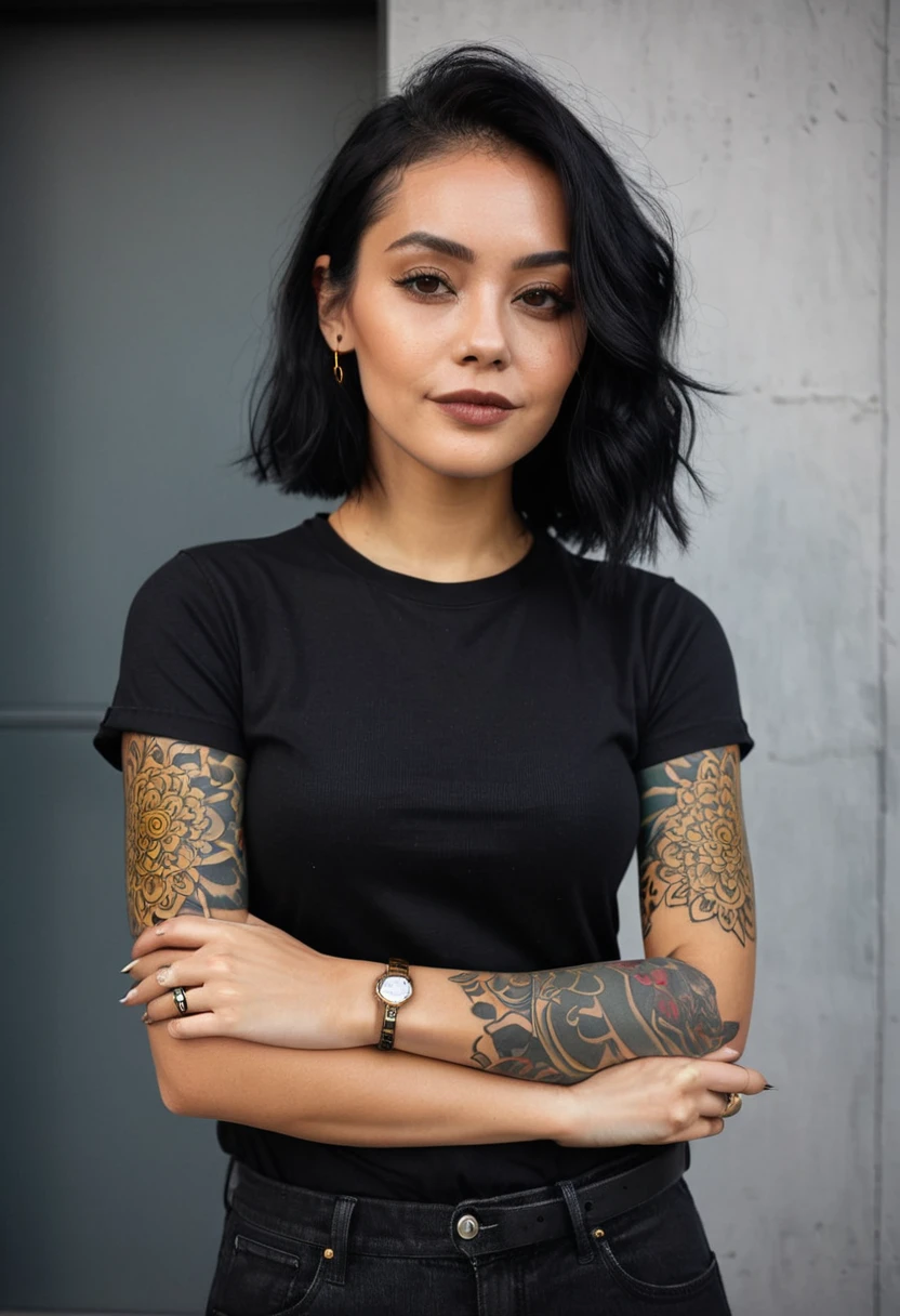 a woman in black shirt with her arms folded against , in the style of tattoo, normcore, dark silver and dark gold, happycore, focus on joints/connections, effortlessly chic, palewave --ar 9:16 --stylize 750 --v 6