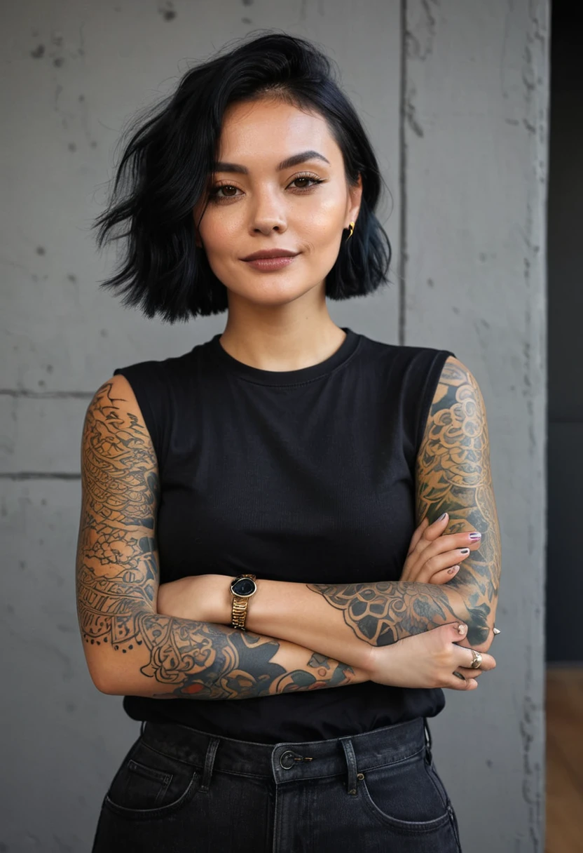 a woman in black shirt with her arms folded against , in the style of tattoo, normcore, dark silver and dark gold, happycore, focus on joints/connections, effortlessly chic, palewave --ar 9:16 --stylize 750 --v 6