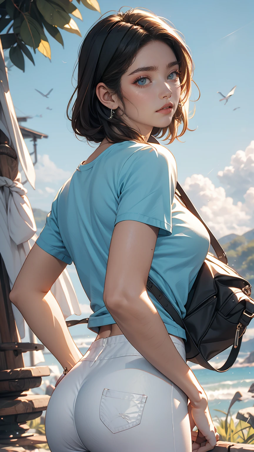 (8K, RAW photos, best quality, masterpiece:1.2), (realistic, photo-realistic:1.3)、((1 woman)), A 20-year-old Japanese woman with a beautiful face. clean and white skin, hair is gray、Eye color is dark blue, laugh, high definition face, Curly short hair, (((hiking))), (((Looking back in a sky blue short T-shirt and white leggings.))), glowing skin, photometry, (((slim body))), vivid colors, 